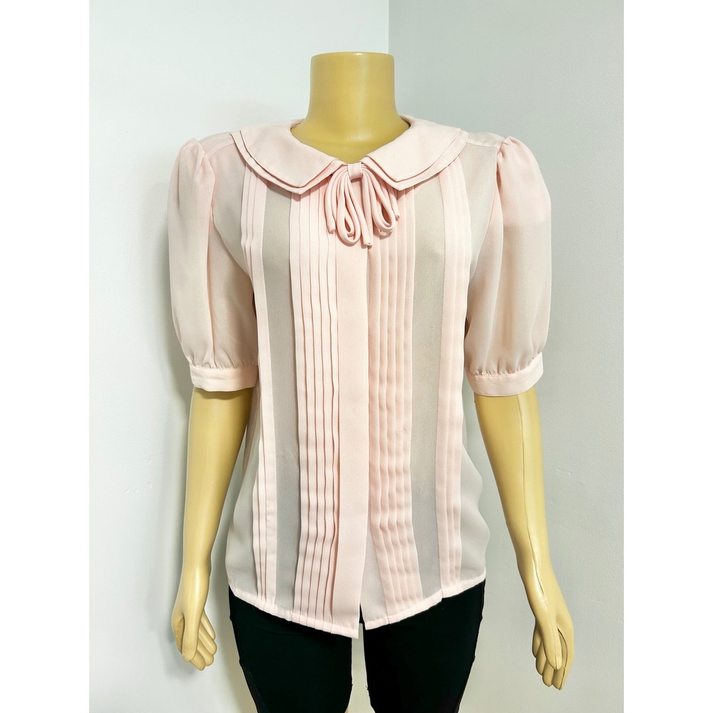 Laura and Jayne Pink Pintuck Pleated Peter Pan Collar Bow Blouse Womens 10